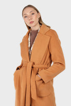 Camel soft wool belted long robe coat_6