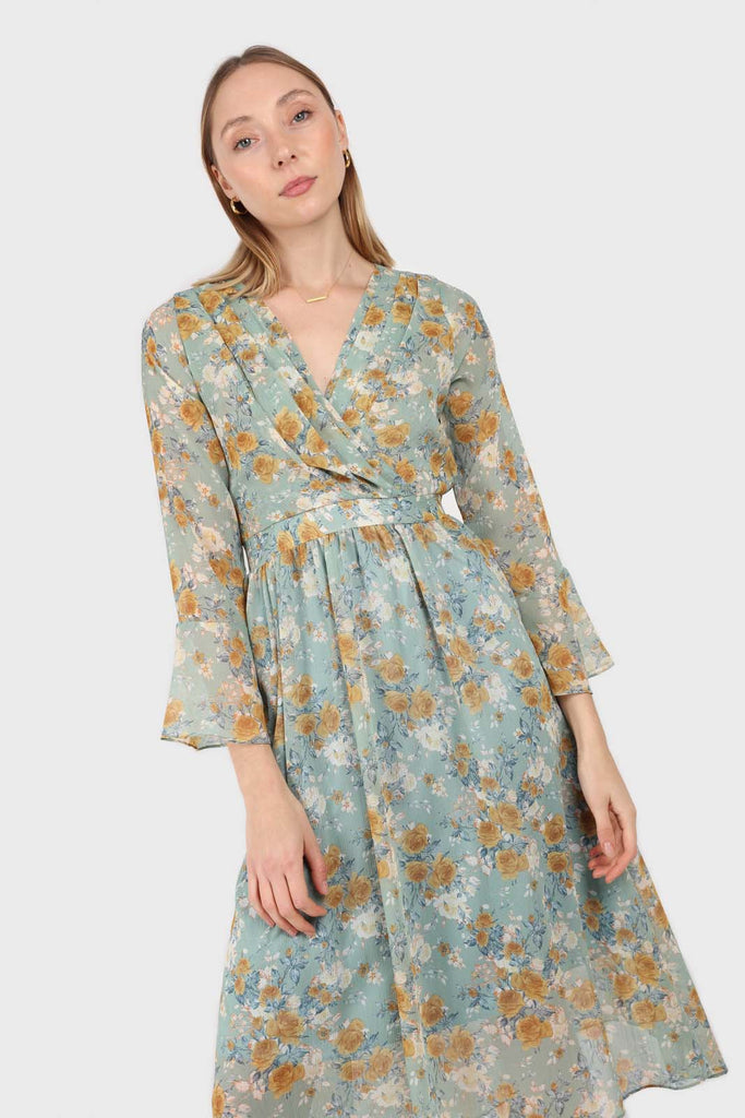 Light blue and mustard floral print layered V dress_2