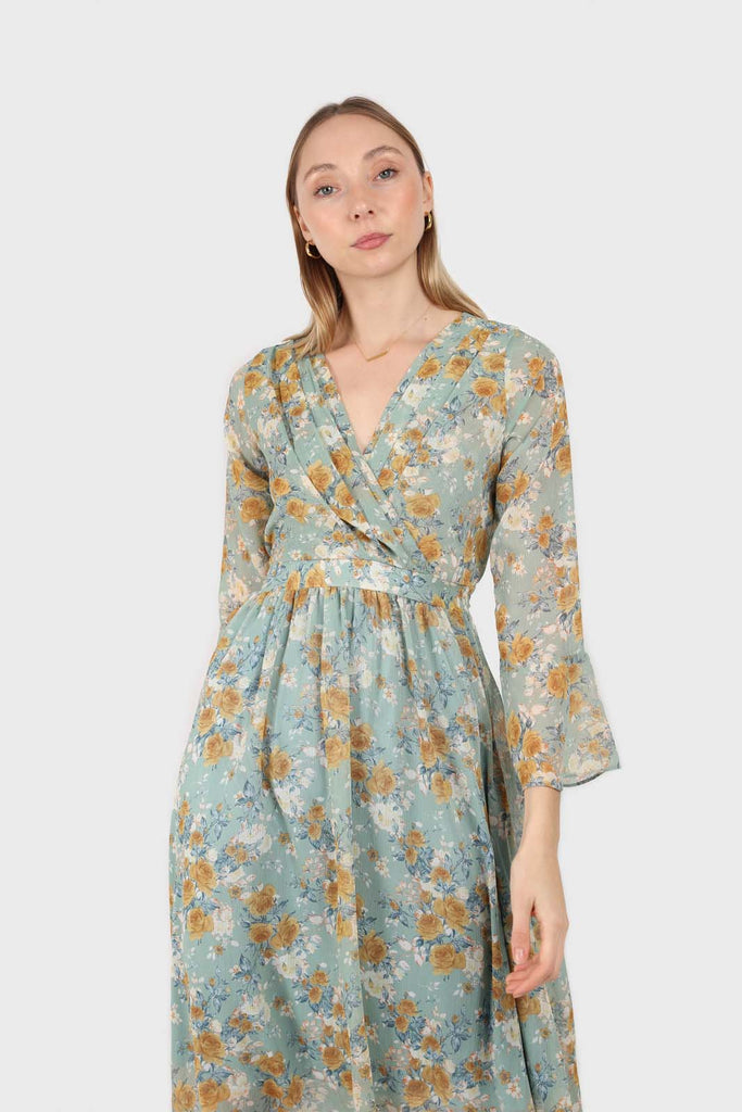 Light blue and mustard floral print layered V dress_3
