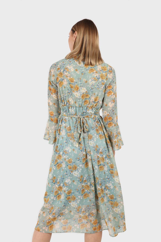 Light blue and mustard floral print layered V dress_7