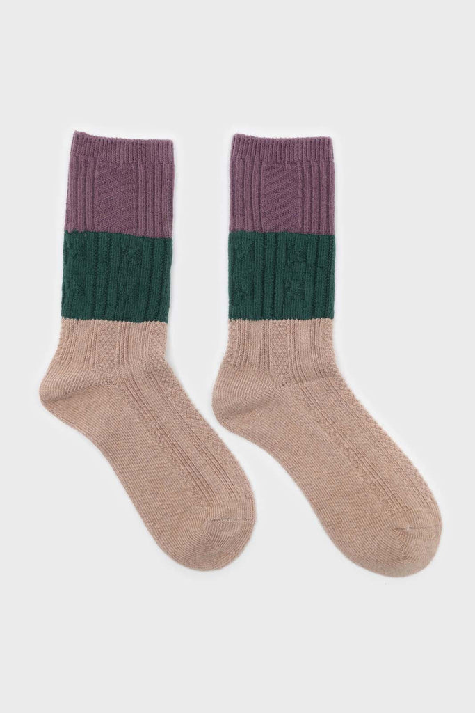 Beige green and purple triple colorblock socks_4