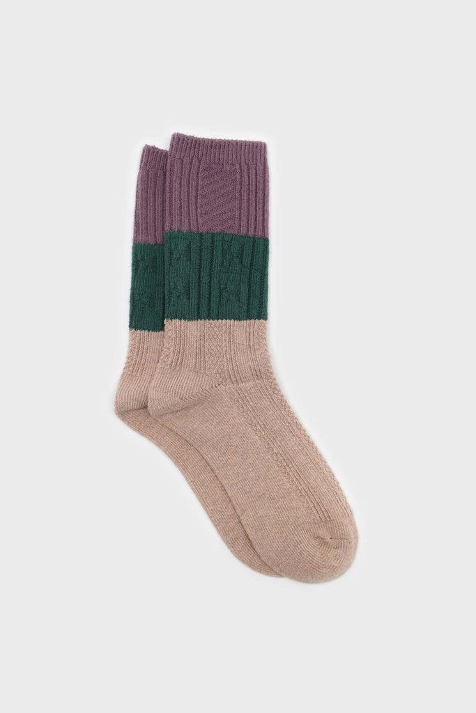 Beige green and purple triple colorblock socks_1