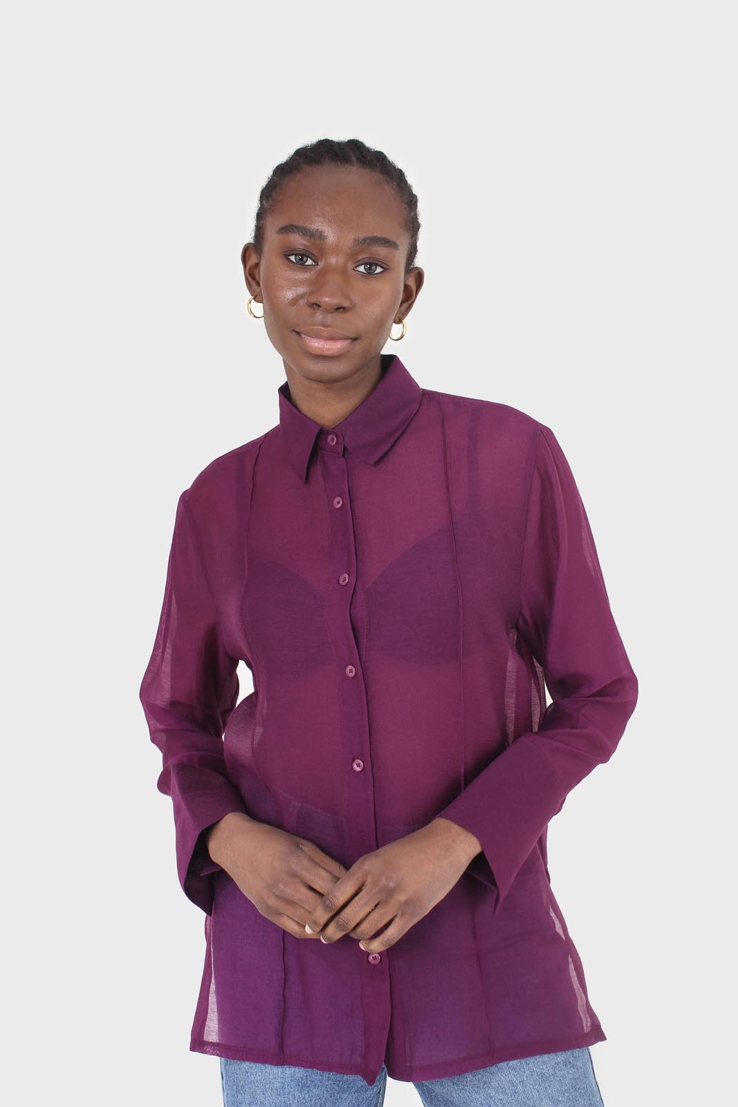 Purple pintuck sheer oversized long shirt_4