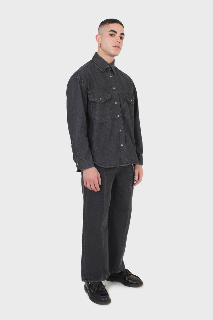 Black wide leg panel front pocket jeans_4