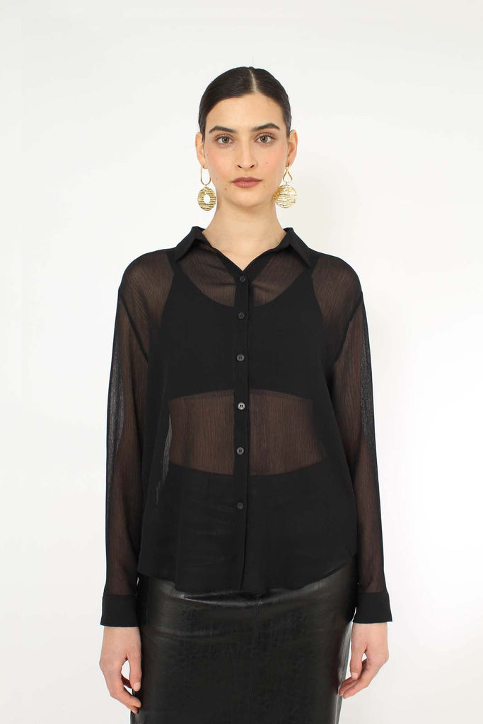 Black sheer silky shirt blouse_5