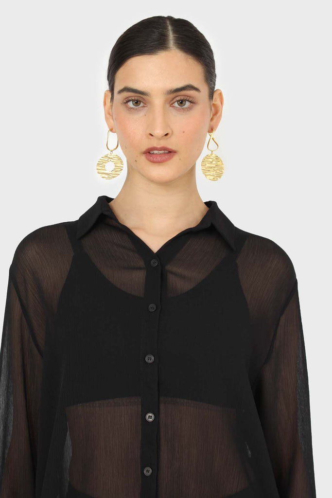 Black sheer silky shirt blouse_7