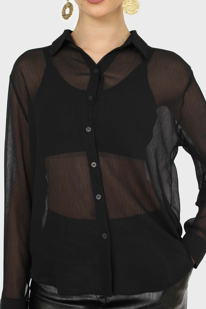 Black sheer silky shirt blouse_8