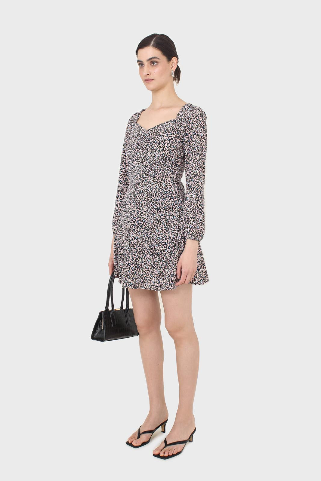 Black pink and blue floral wrap midi dress_5