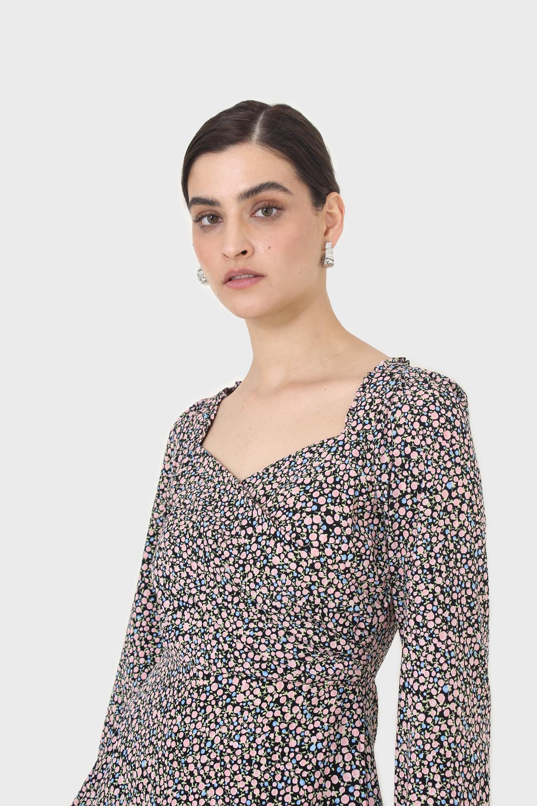 Black pink and blue floral wrap midi dress_11