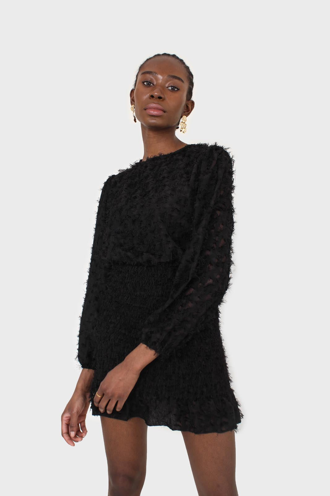 Black Tufted Sheer Long Sleeved Ruched Bottom Dress | S/m