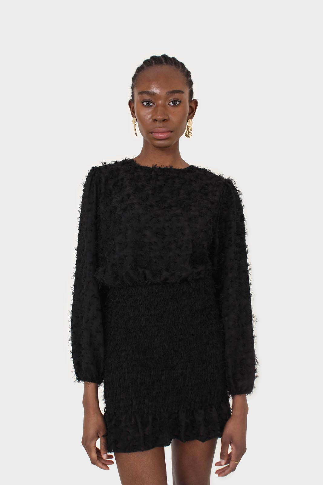 Black tufted sheer long sleeved ruched bottom dress Glassworks