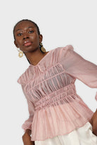 Pink silky ruched long sleeved blouse_3