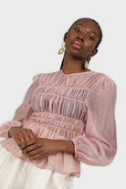 Pink silky ruched long sleeved blouse_5