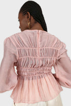 Pink silky ruched long sleeved blouse_2