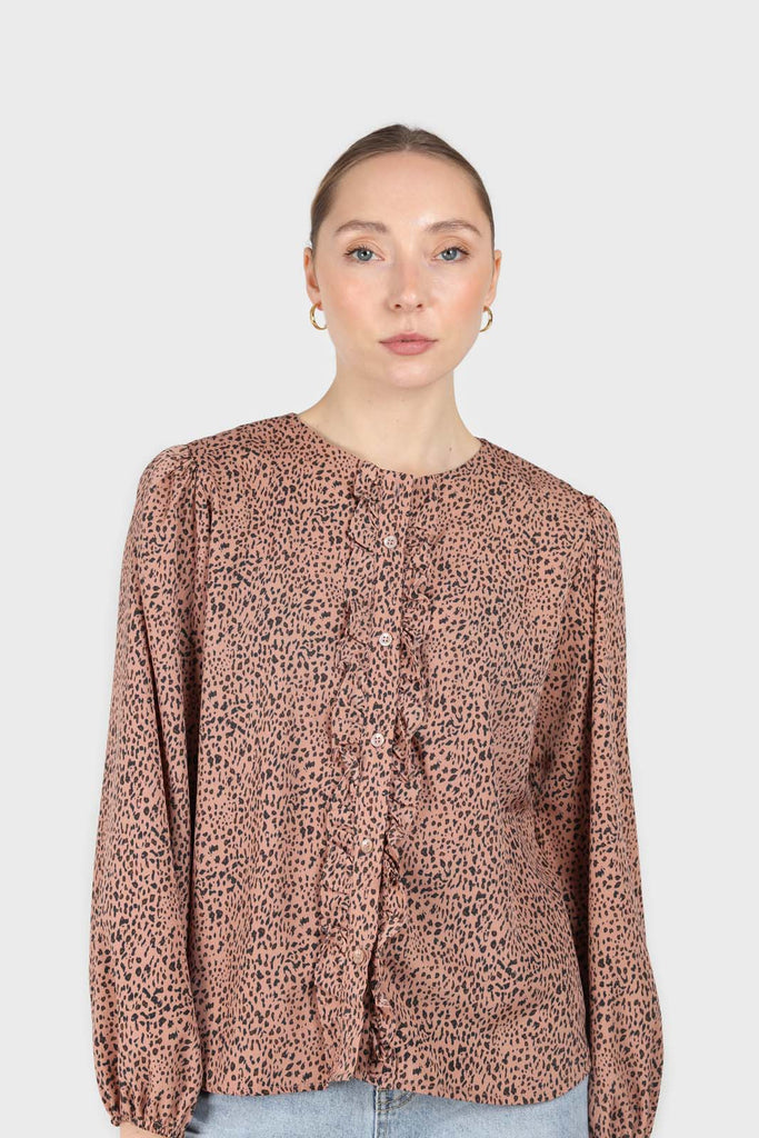 Dusty pink leopard print ruffle long sleeved shirt_1