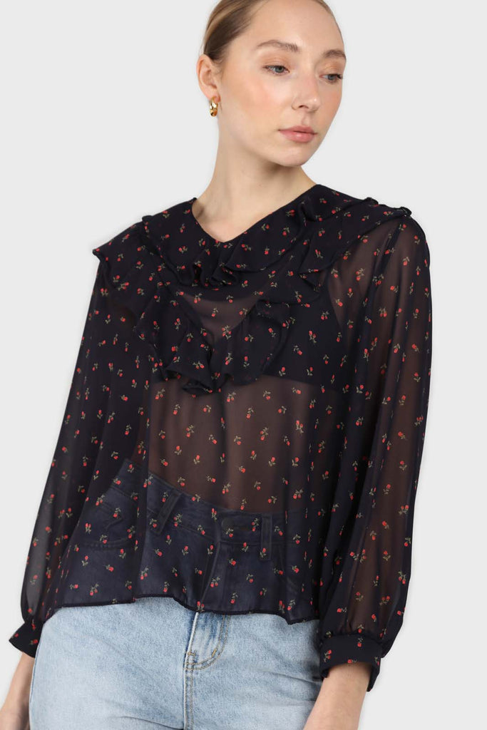 Black and red floral print frill blouse_3