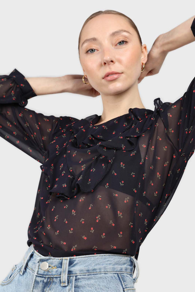 Black and red floral print frill blouse_1