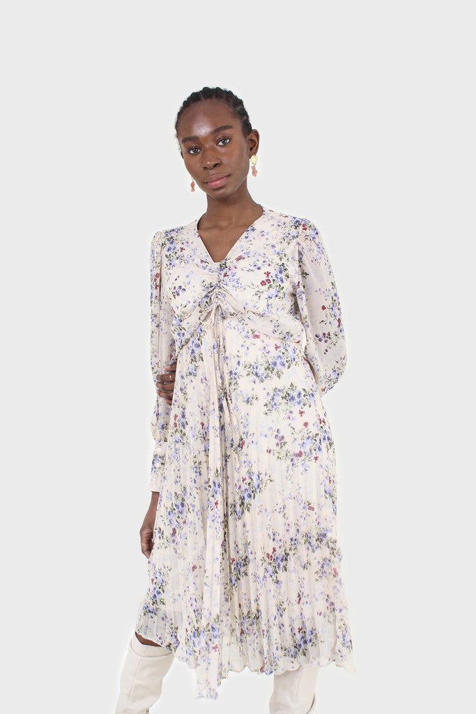 Beige and lilac floral print pull front pleat skirt maxi dress_5