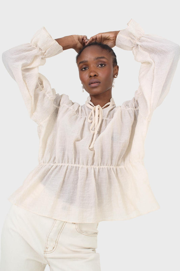 Beige sheer frill cuff tiered blouse_6