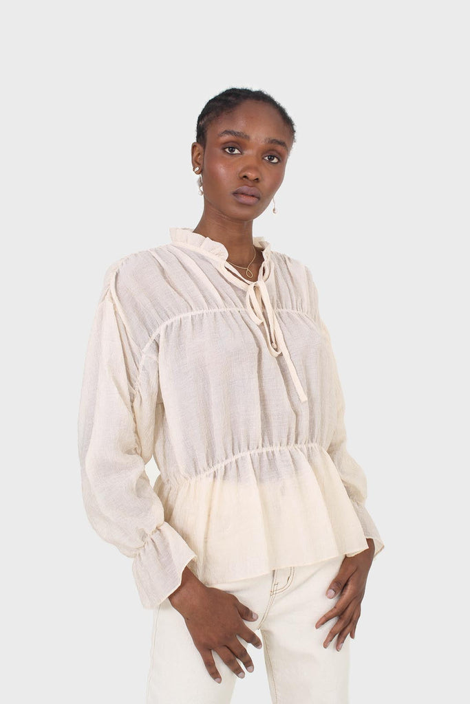 Beige sheer frill cuff tiered blouse_1