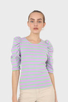 Lilac and mint striped puff 3/4 sleeve top_1