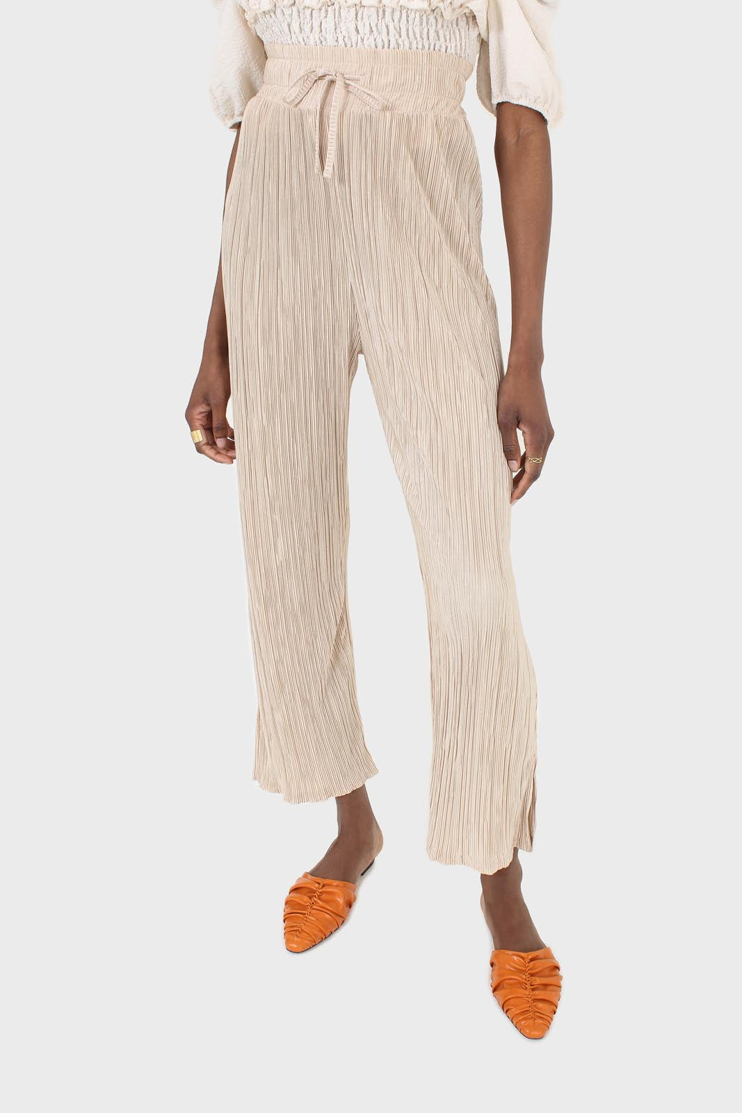 Beige silky micro pleat trousers_1