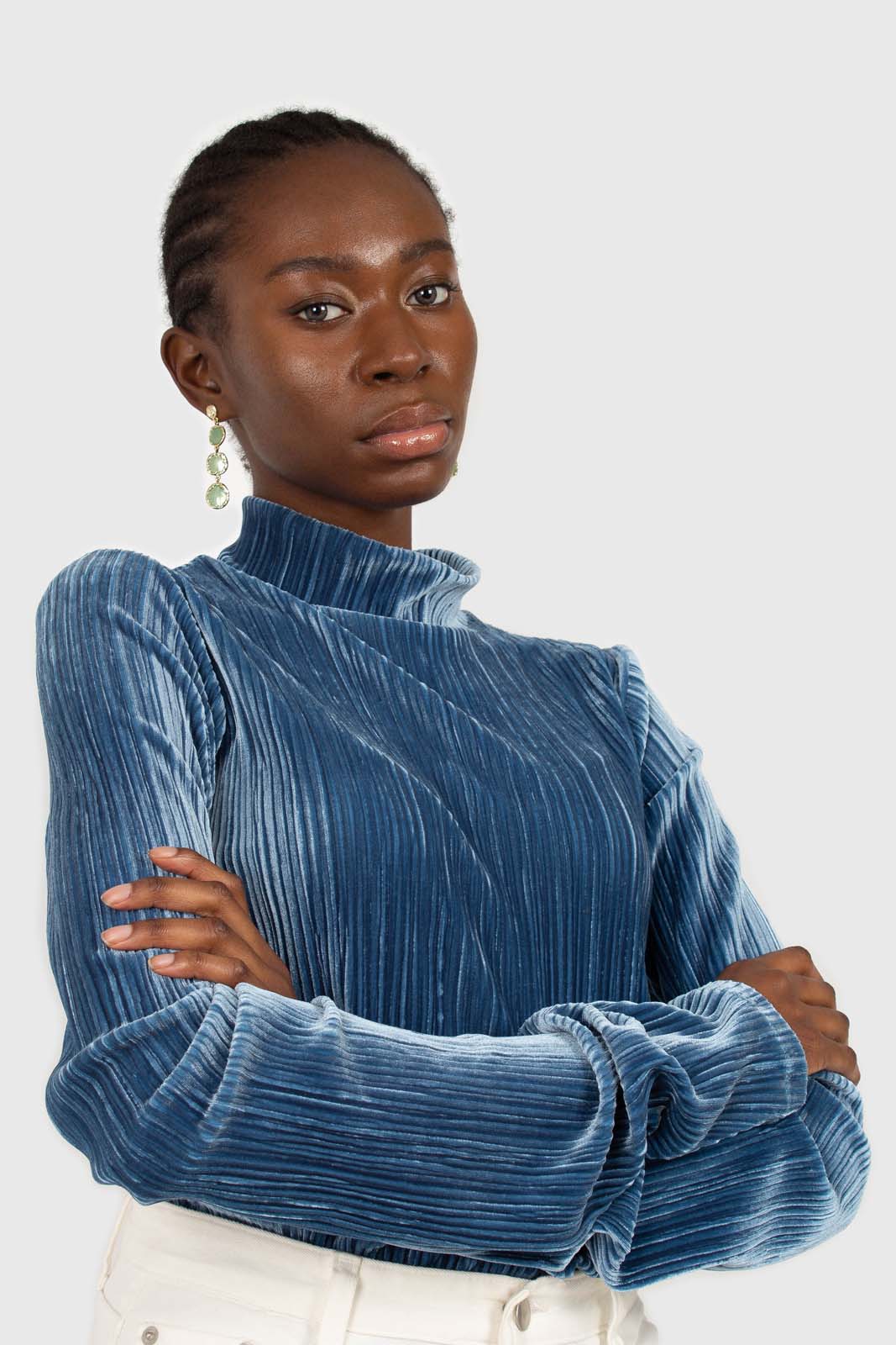 Mid blue micro ribbed silky top_1