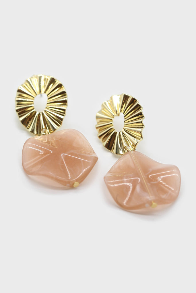 Gold ridged drop pink enamel circle earrings_1