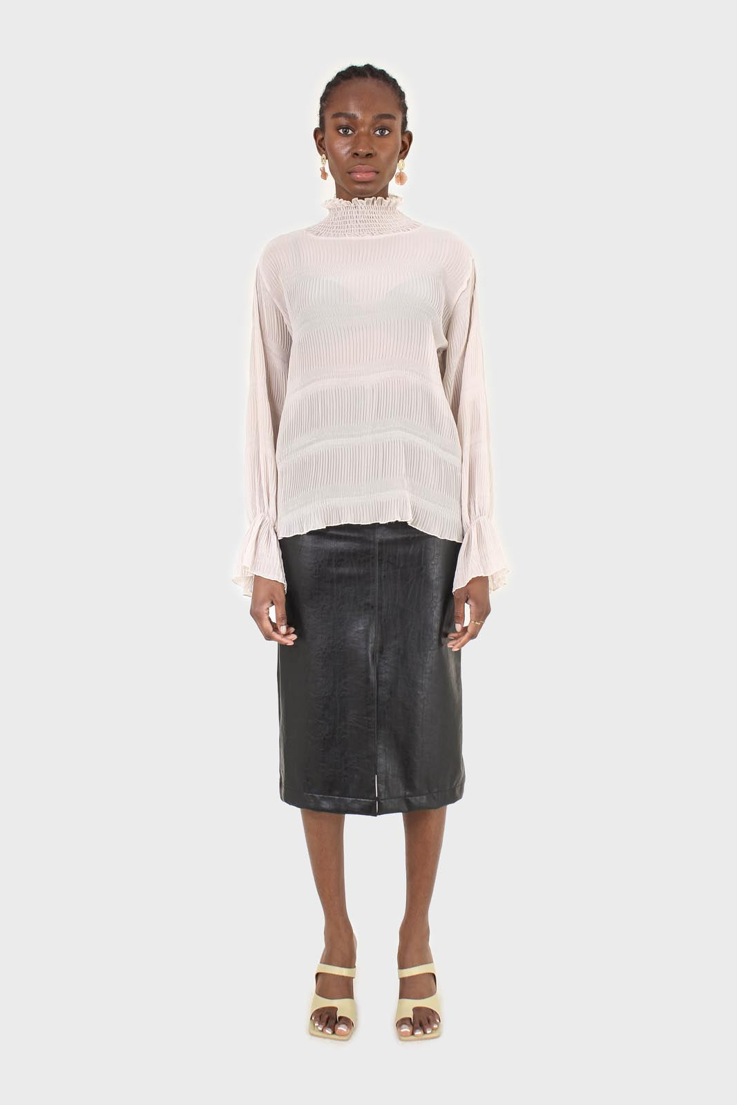 Beige shirring neck sheer tiered blouse_5