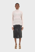 Beige shirring neck sheer tiered blouse_5