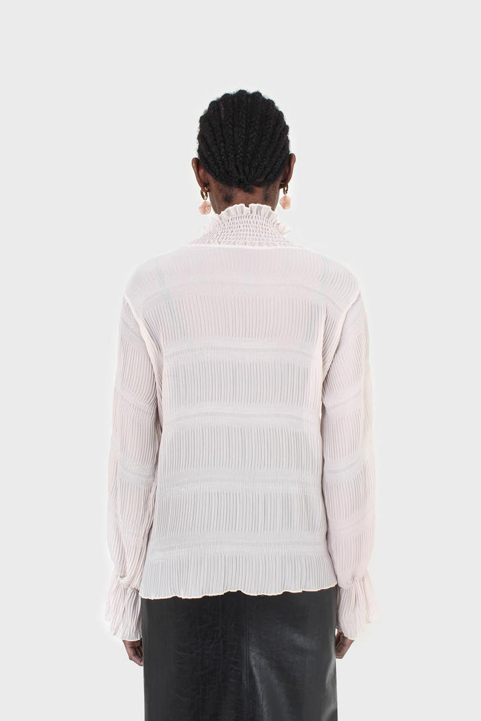 Beige shirring neck sheer tiered blouse_6