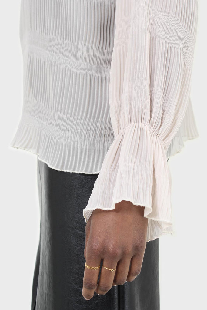 Beige shirring neck sheer tiered blouse_2