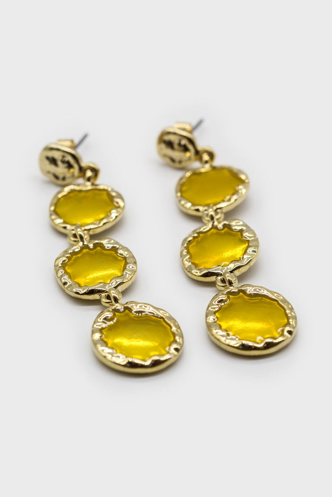 Yellow falling glass circle gem earrings_1