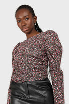 Black floral ruched long sleeved blouse_4