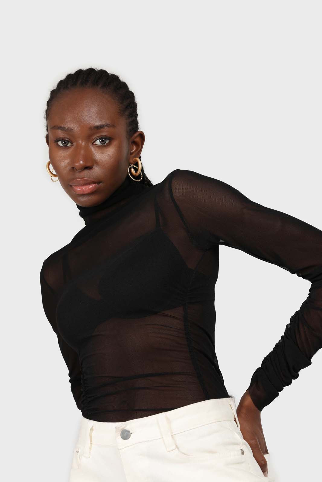 Black sheer shirring sides turtleneck top_3