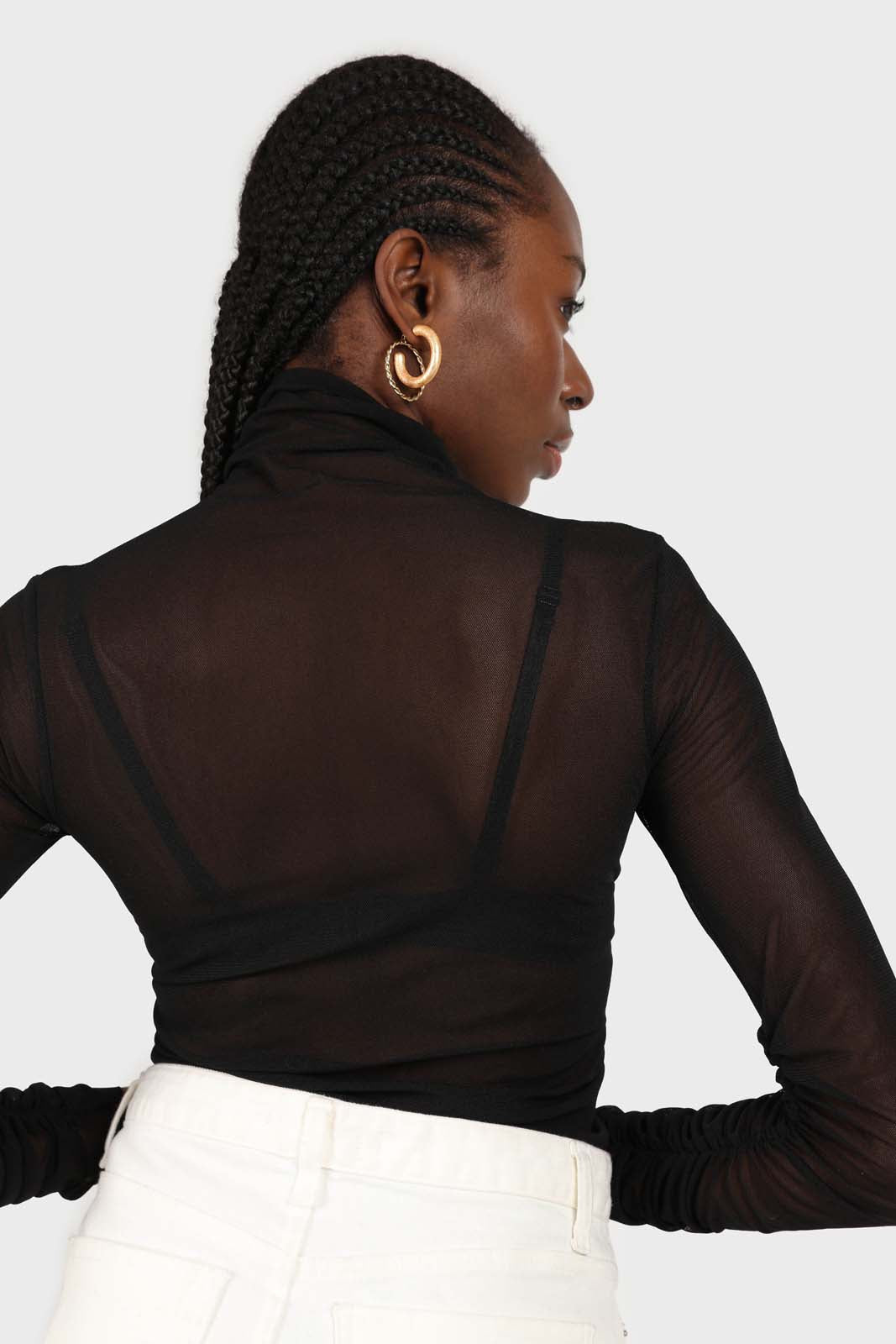 Black sheer shirring sides turtleneck top_5