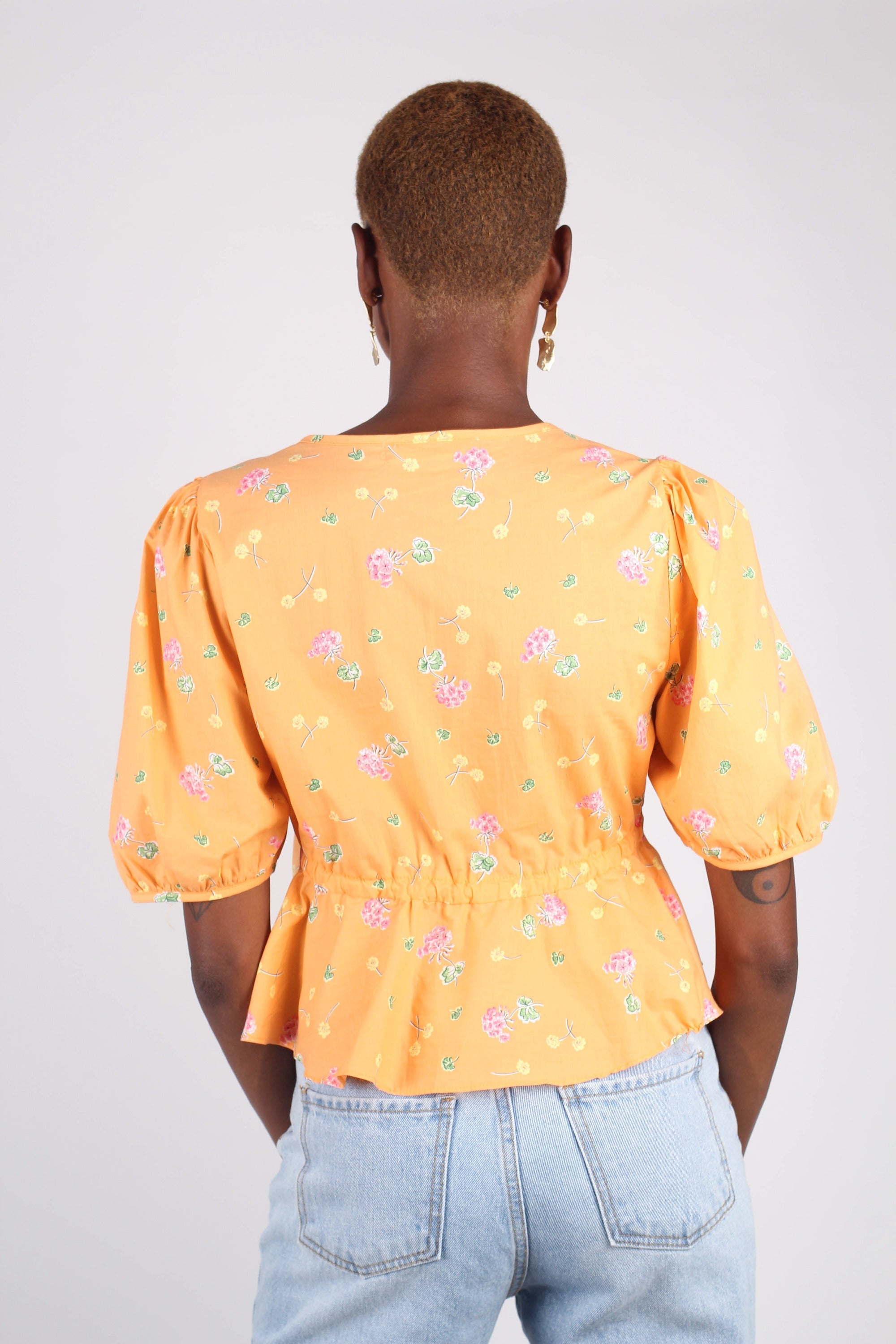Orange floral print mid cinch blouse_6