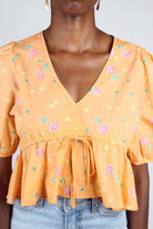 Orange floral print mid cinch blouse_5
