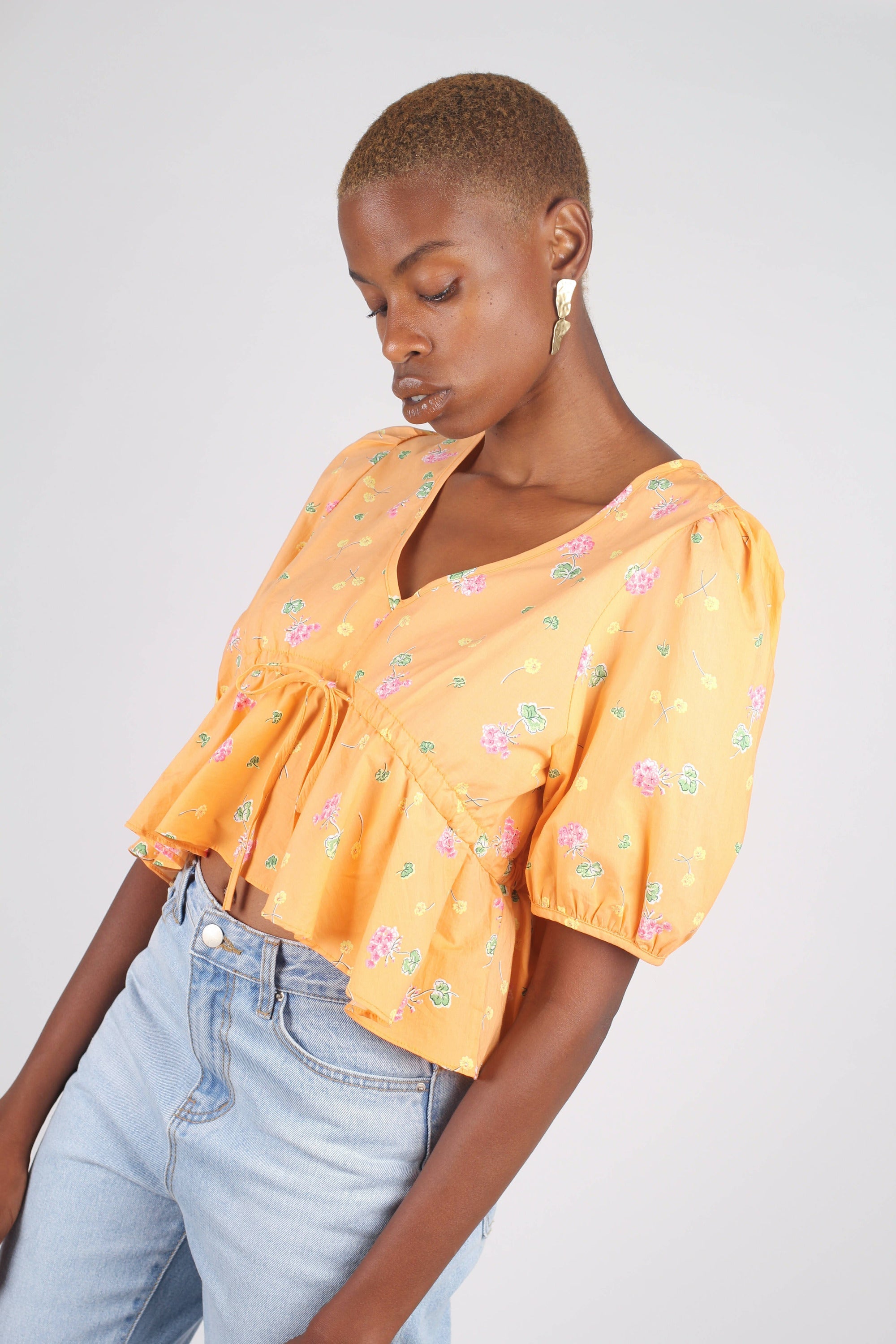 Orange floral print mid cinch blouse_2
