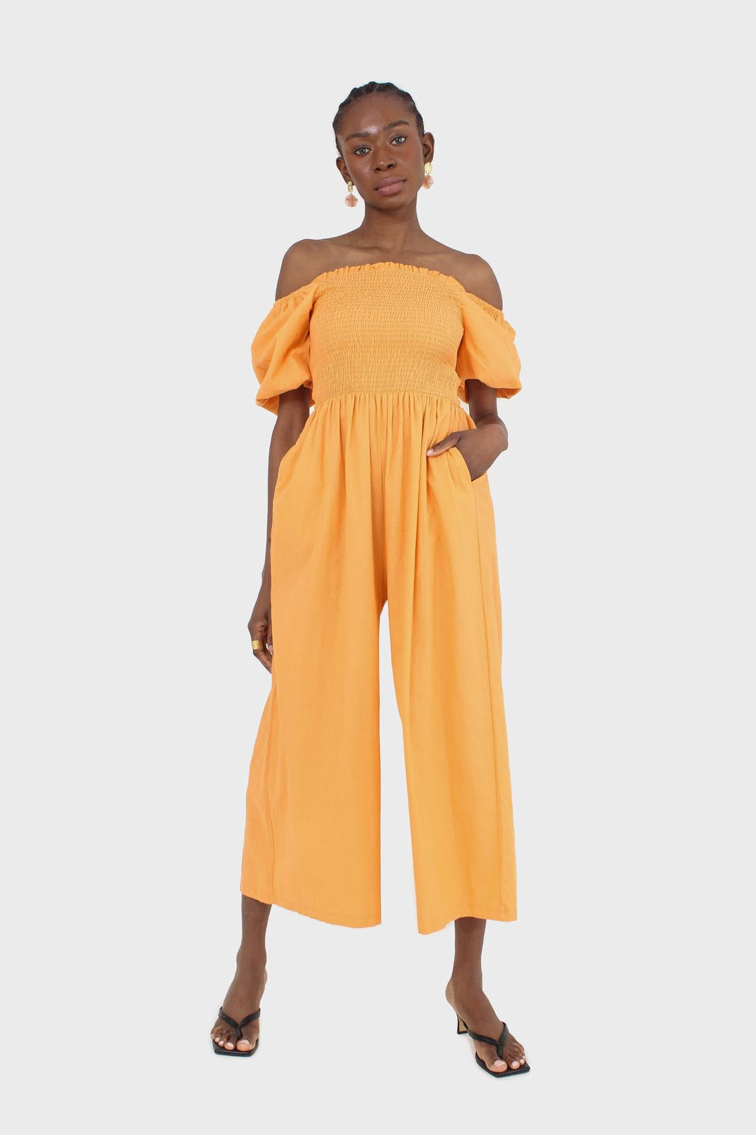 Orange short sleeved ruched bodice jumpsuit_4