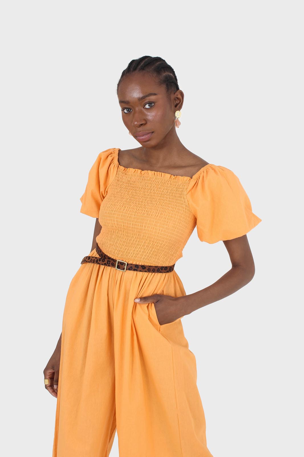 Orange short sleeved ruched bodice jumpsuit_9