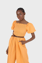 Orange short sleeved ruched bodice jumpsuit_9