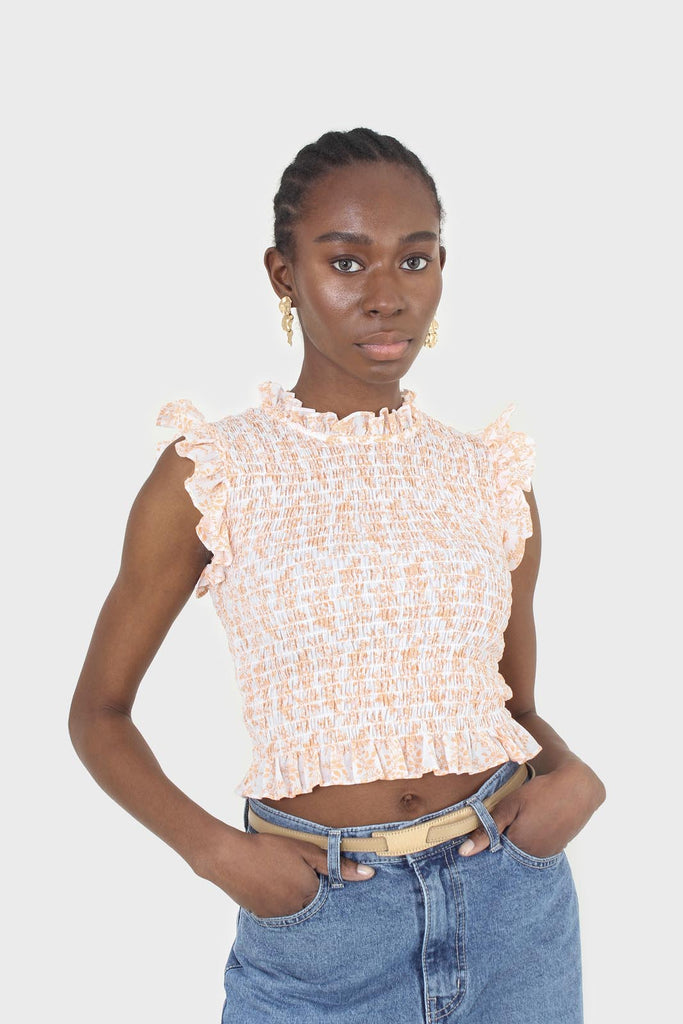 Ivory and bright orange floral print ruched tank_1