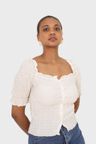 Ivory square neck smocked short sleeved blouse_1