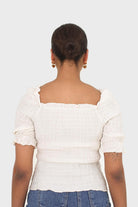Ivory square neck smocked short sleeved blouse_4