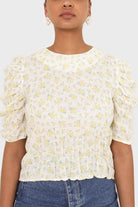 Yellow floral smocked short sleeved blouse_5