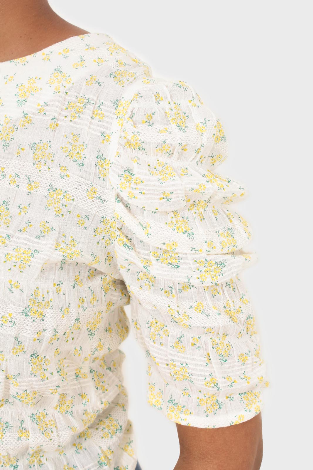 Yellow floral smocked short sleeved blouse_2