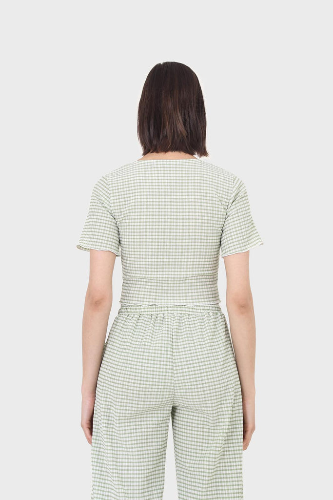 Green gingham ruched neck tee_5