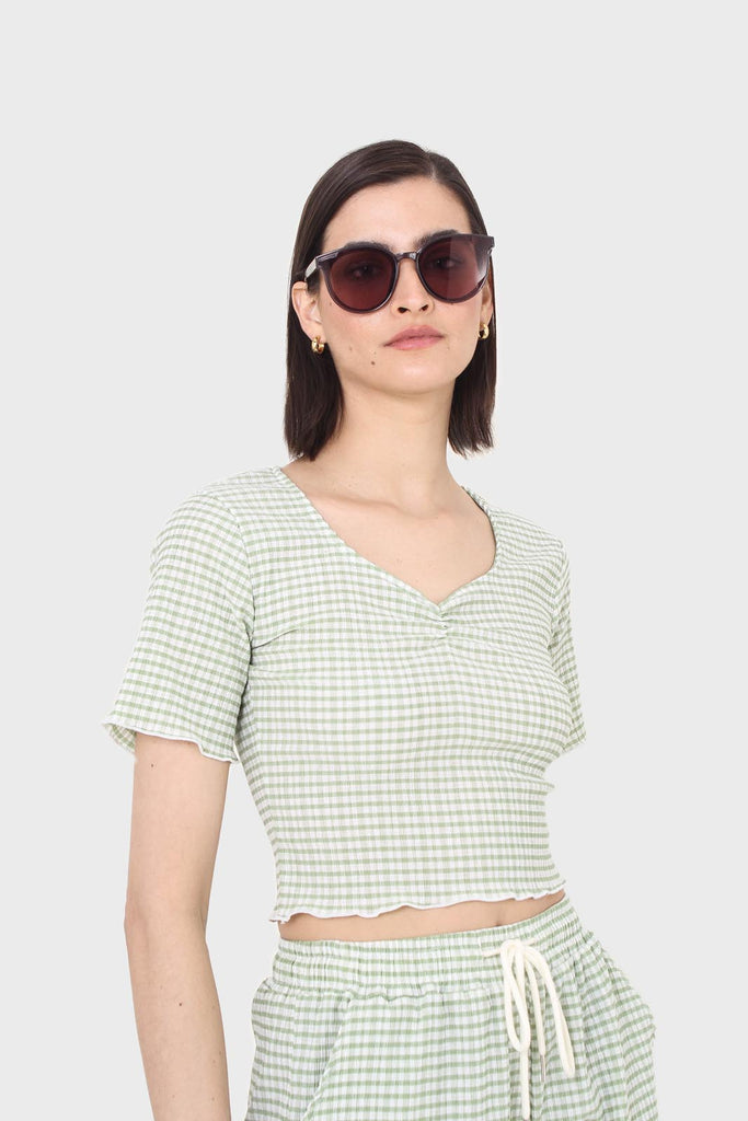Green gingham ruched neck tee_2