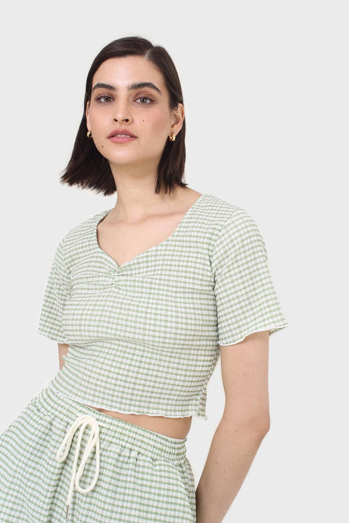 Green gingham ruched neck tee_1